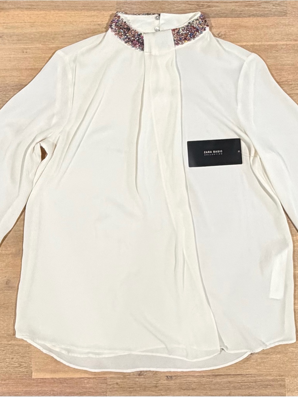 Zara Basic Cream Blouse with Multicolor Beaded Collar